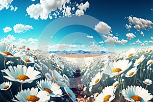 Daisy field. Natural background of many chamomile flowers in the meadow. generative ai