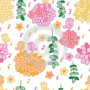 Daisy flower bird half draw doodle seamless pattern