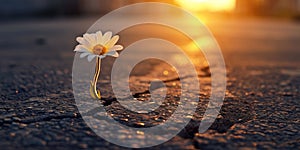 Daisy flower on the cracked asphalt road at sunset. Nature background