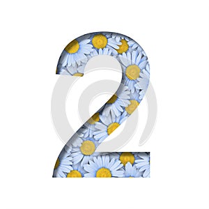Daisy flower font. Digit two, 2 is cut out of paper on the background of a pattern of lovely blue daisies. Decorative floral fonts