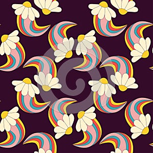 1970 daisy flower rainbow seamless pattern. Groovy hippie retro background. Vintage 90 y2k psychedelic cartoon style