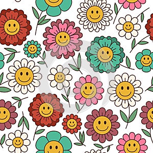 Daisy flower seamless pattern. Retro positive smiling faces, hippie chamomile characters, cartoon groovy plants. Decor textile,