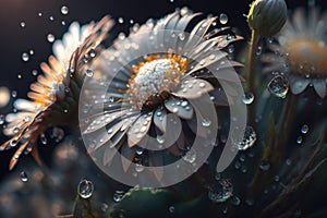 Daisy flower with water splash. Created with generative AI technology.