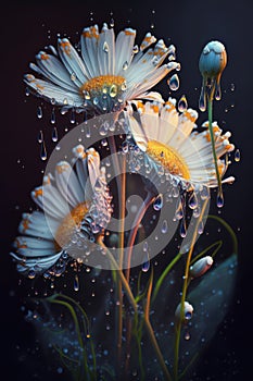 Daisy flower with water splash. Created with generative AI technology.