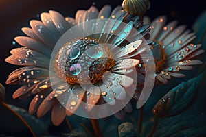 Daisy flower with water splash. Created with generative AI technology.