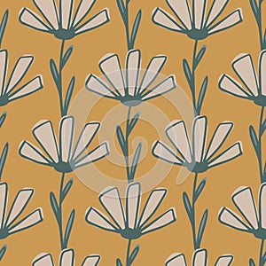 Daisy flowers doodle seamless pattern in pale tones. Orange background. Nature print