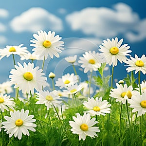 Daisy Flowers in Line Arrangement with Green Grass - Hyper Realistic AI-Generated Composition