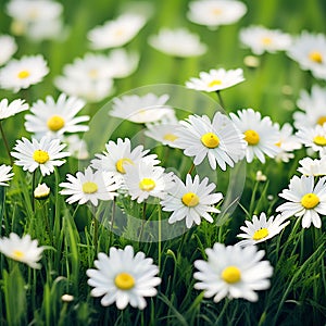 Daisy Flowers in Line Arrangement with Green Grass - Hyper Realistic AI-Generated Composition