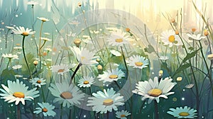 Daisy flowers meadow illustration. Chamomile floral natural background. Generative AI