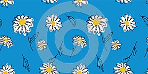 Daisy flowers vector pattern on blue background.Ukrainian blue and yellow colors. One continuous line art drawing of