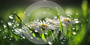 Daisy flowers with water drops on green grass. Nature horizontal background. Close-up