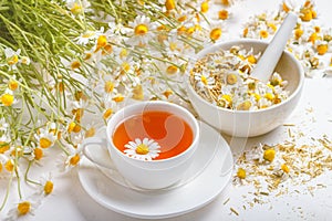 Daisy flowers in white tea cup, healthy chamomile herbs and mortar of dry daisies buds