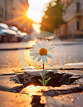 A daisy growing out of a pothole in city street, morning sun light