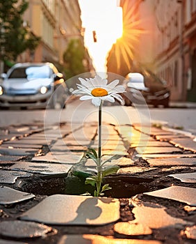 A daisy growing out of a pothole in city street, morning sun light