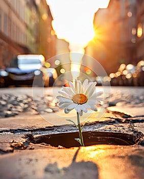 A daisy growing out of a pothole in city street, morning sun light