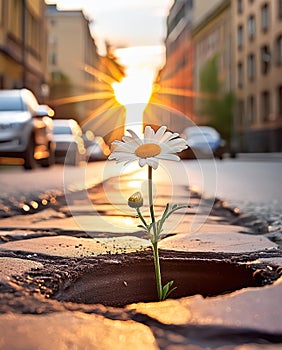 A daisy growing out of a pothole in city street, morning sun light