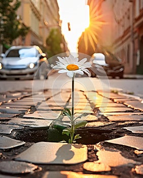 A daisy growing out of a pothole in city street, morning sun light photo