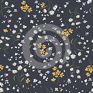 Daisy_orange flowersHand drawn seamless pattern with cute wildflowers on a dark background