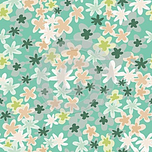 Daisy silhouettes floral seamless pattern with blue background. Pink, grey, white and green flowers. Simple art work