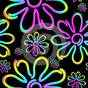 Daisy Spring Flower Psychedelic Neon Light Vector Seamless Pattern Design