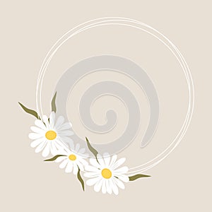 Daisy thin line frame circle wreath, border with flowers and leaves isolated. Simple round floral spring or summer