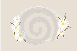 Daisy thin line frame oval wreath, border with flowers and leaves isolated. Simple floral spring or summer decoration.