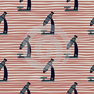 Dak navy blue scopes silhouettes seamless pattern. Doodle labaratory equipment on striped maroon background