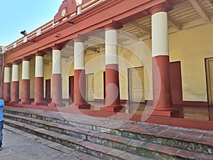 Courtyard with pillars inside the Dakshineshwar Goddess Kali temple in Kolkata India where Sri Ramakrishna worked as a priest.