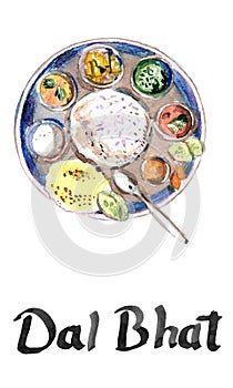 Dal Bhat recipe local food of Nepal and India , cuisine, watercolor hand drawn illustration