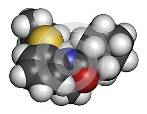 Dalcetrapib hypercholesterolemia drug molecule. 3D rendering. Atoms are represented as spheres with conventional color coding: