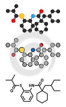 Dalcetrapib hypercholesterolemia drug molecule. Stylized 2D renderings and conventional skeletal formula.