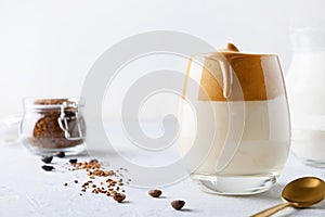 Dalgona coffee in glass. Trend korean drink latte espresso with instant coffee foam