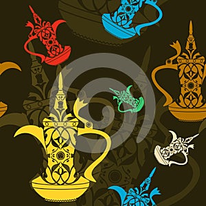 Dallah Arab Coffee Pot Vector Illustration With Dark background Seamless Pattern