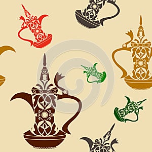 Dallah Arabic Coffee Pot Vector Illustration Seamless Pattern