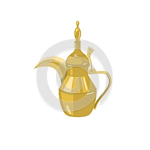 Dallah - traditional golden arabic teapot, metal pot with a long spout, icon in flat cartoon style isolated on a white