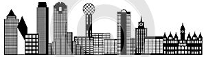 Dallas City Skyline Black and White Outline Illustration