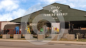 Dallas Farmers Market with six metal sculptures, Dallas, Texas