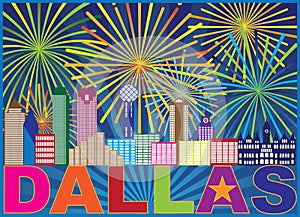 Dallas Skyline Lone Star Fireworks Color vector Illustration