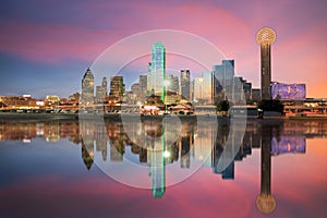 Dallas skyline reflected in Trinity river at sunset