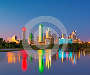 Dallas Skyline Reflection at Dawn, Downtown Dallas, Texas, USA
