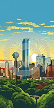 Dallas Skyline Surreal Comic Illustration In The Style Of Roy Lichtenstein