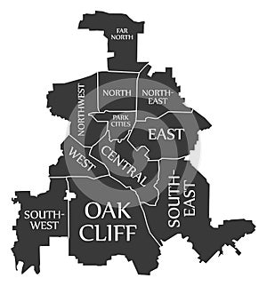Dallas Texas city map USA labelled black illustration