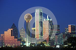 Dallas, TX skyline at night with Reunion Tower photo