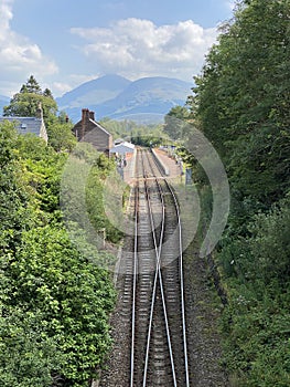 Dalmally train station in Scottish village in Argyll and Bute view from above bridge Scotland