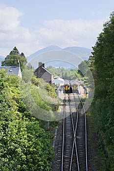 Dalmally train station in Scottish village in Argyll and Bute view from above bridge Scotland