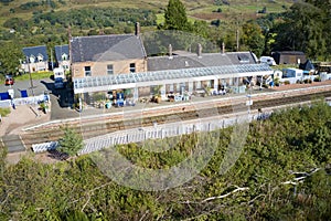 Dalmally train station in Scottish village in Argyll and Bute view from above bridge Scotland