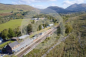 Dalmally train station in Scottish village in Argyll and Bute view from above bridge Scotland