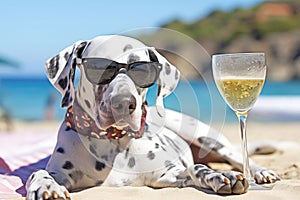 Dalmatian breed dog is relaxing on the beach with a cocktail. A summer holiday concept. Generative AI