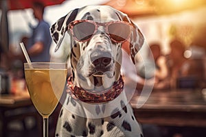 Dalmatian breed dog is relaxing with a cocktail. A seaside holiday concept with animals. Generative AI