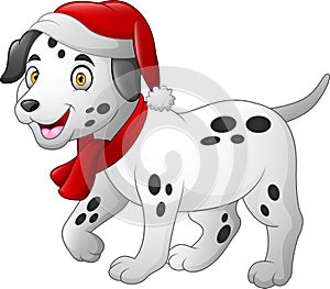 Dalmatian cartoon dog wearing a red santa hat and scarf